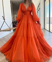 orange a line prom dress long sleeve 2021 deep v neck dubai women elegant formal party night dress evening gowns