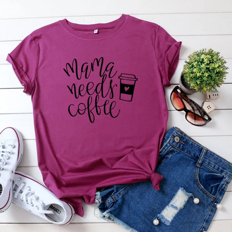 

Cotton Women's T-shirts Mama Needs Coffee Letter Print Graphic T Shirt Women Plus Size Short Sleeve Shirts Casual Harajuku Tops