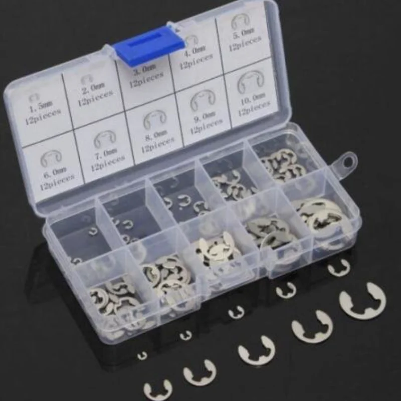 

120/200PCS Stainless Steel E Clip washer Assortment Kit Circlip retaining ring for shaft fastener Set M1.5~M10 Kit