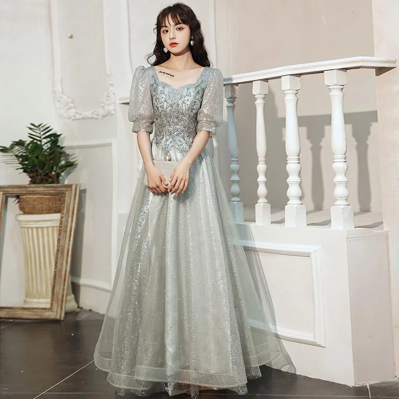 

Silver Gray Bright Silk Tulle Women Evening Gowns Lantern Sleeve Luxury Beading A-line Elegant Princess Evening Dresses Long