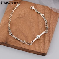 foxanry 925 stamp double layer chain bracelets new trendy vintage round shape geometric punk party jewelry wholesale