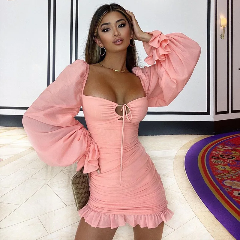 

Соблазнительное платье, осеннее платье с рукавом-фонариком, облегающее платье-мини составного кроя с разрезом и завязкой, Двухслойное элас...