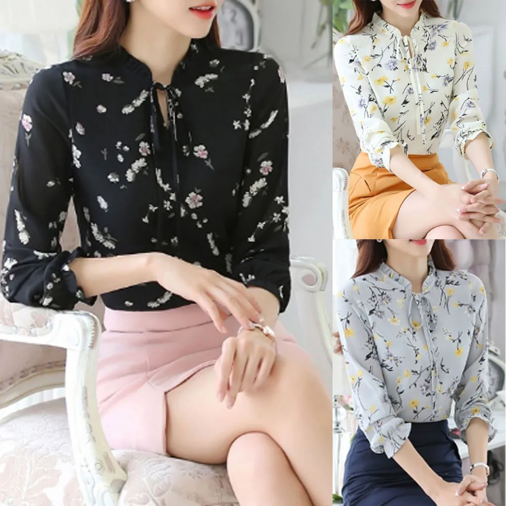 Блузка с бантом женская блузка цветочным рисунком хлопок повседневный цветочный