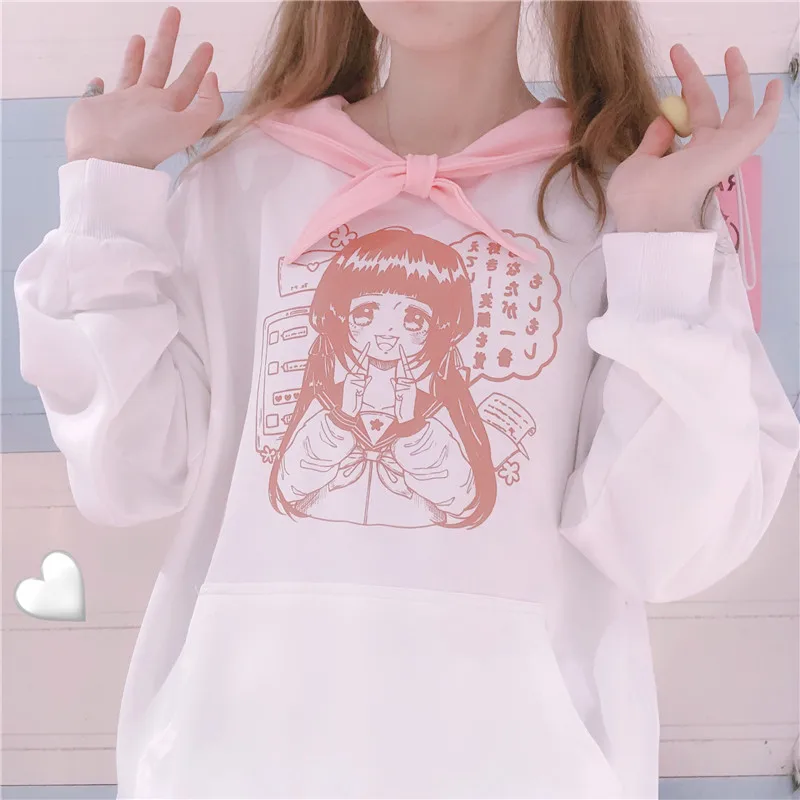 

Japanese Soft Cute Girl Mori Navy Collar Anime Girl Print Loose Round Neck Color matching Women T-Shirt Bestie Tops