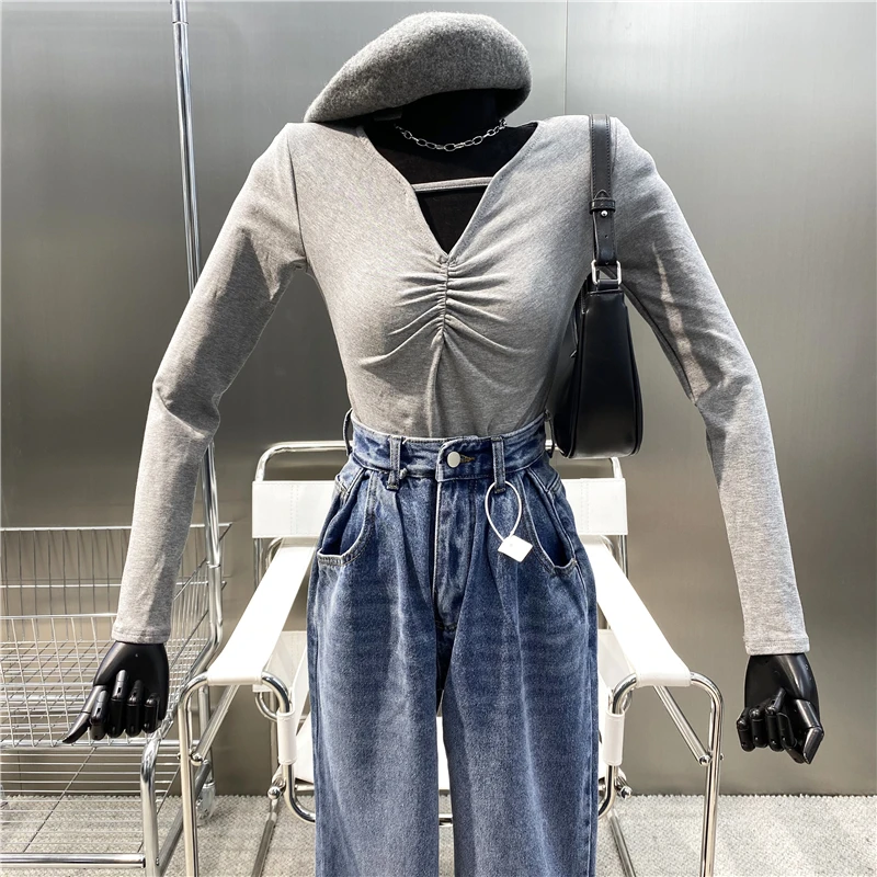 

New 2021 Thin Plush Retro Foreign Style Long Sleeve Bottoming Shirt Versatile Slim Fit Chest Fold Thread T-Shirt Top