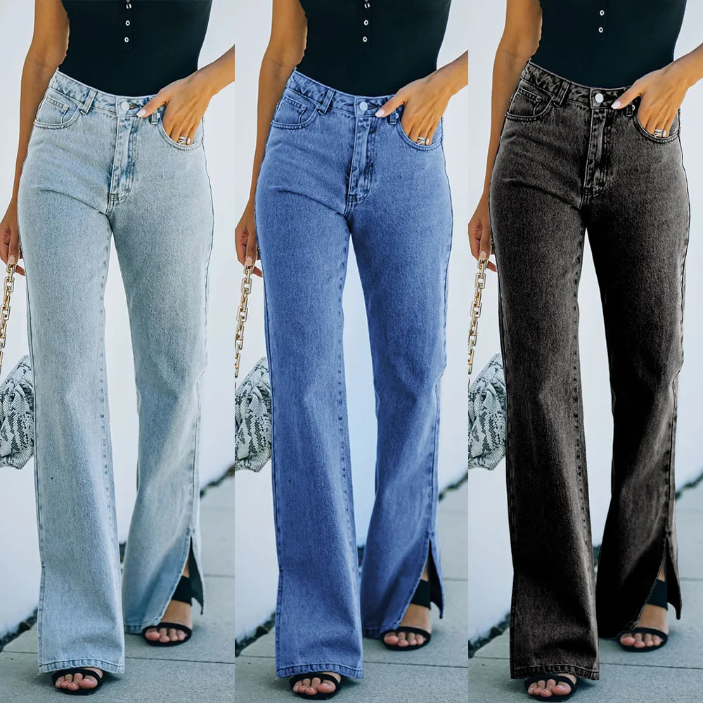 

Elegant Flare Pants Female Women's Boot Cut Jeans Casual Women Denim Pants Middle-waisted Split Stright Trousers Office Lady