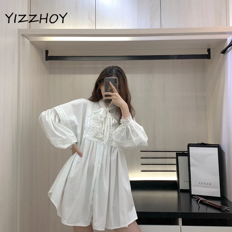 

YIZZHOY Spring Autumn Lady Elegant Beading Solid Color White Dress Women Vintage Mandarin Collar Lantern Sleeve Slim Dress