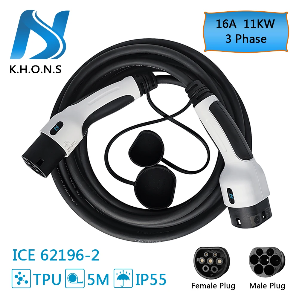

KHONS EV Charging Cable 16A 11KW 3Phase 5M Portable Charger for EVSE Car Charger Station Type2 Female To Male Plug ICE 62196