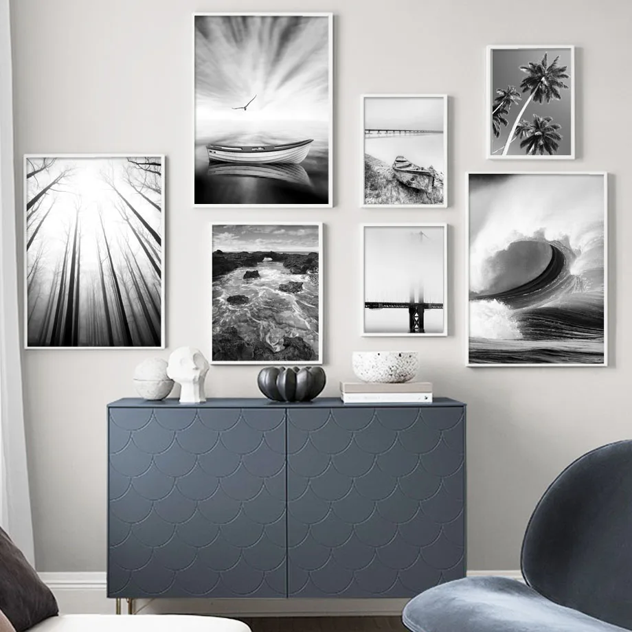 Настенная картина черного, белого леса, моря, Авроры, искусство на холсте, скандинавские постеры и принты, настенные картины для декора гостиной Настенная картина черного, белого леса, моря, Авроры, искусство на холсте, скандинавские постеры и принты, настенные картины для декора гостиной