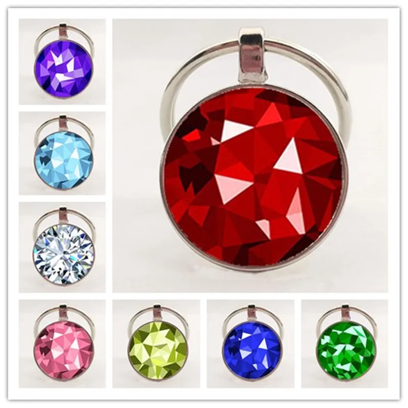 Кольцо для ключей с камнем круглым стеклом 12 камень по дню рождения цепочка на
