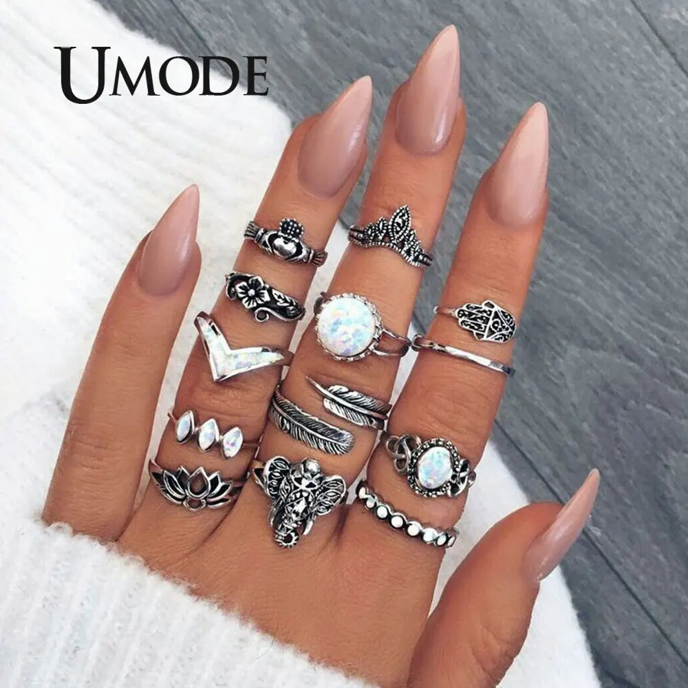 UMODE, 11 шт., бохо, Винтаж, черный цветок лотоса, набор колец, кольца для женщин, ювелирные изделия, аксессуары, опт, много, оптом, PR0219
