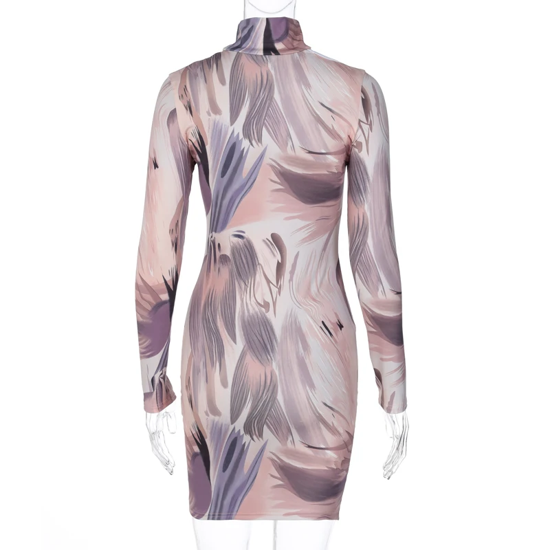 

Zoctuo Tie Dye Sexy Club Dress Women Turtleneck Long Sleeve Mini Dress Winter Female Hollow Out Bodycon Party Dresses for Women
