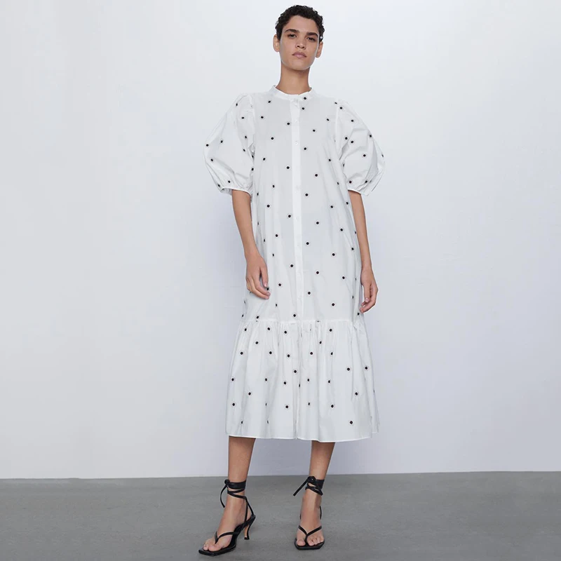 Женское винтажное платье макси ZA элегантное модное с пышными короткими рукавами