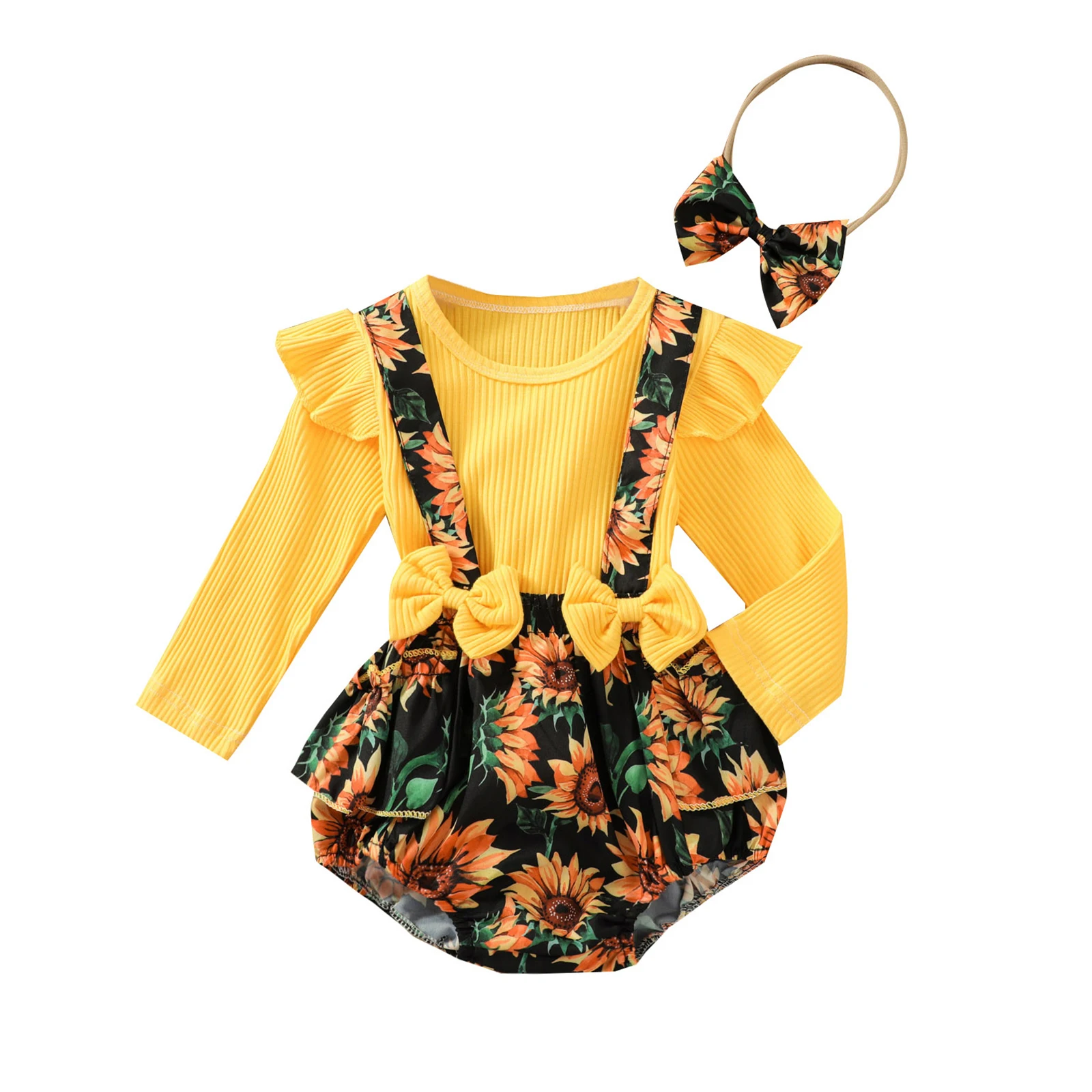 

3Pcs Baby Girl Summer Outfit Solid Color Long Sleeve T-Shirt + Floral Suspenders Pantie + Hairband for Toddler Girl, 0-24 Months