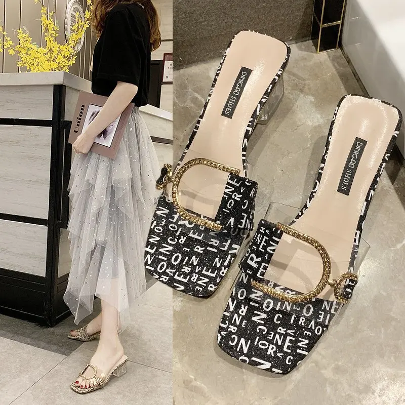 

Women Slippers Thick Heel Crystal Roman Sandals Outdoor Open-toe High Heel Sandals Casual Bohemia Beach Slides Zapatos De Mujer