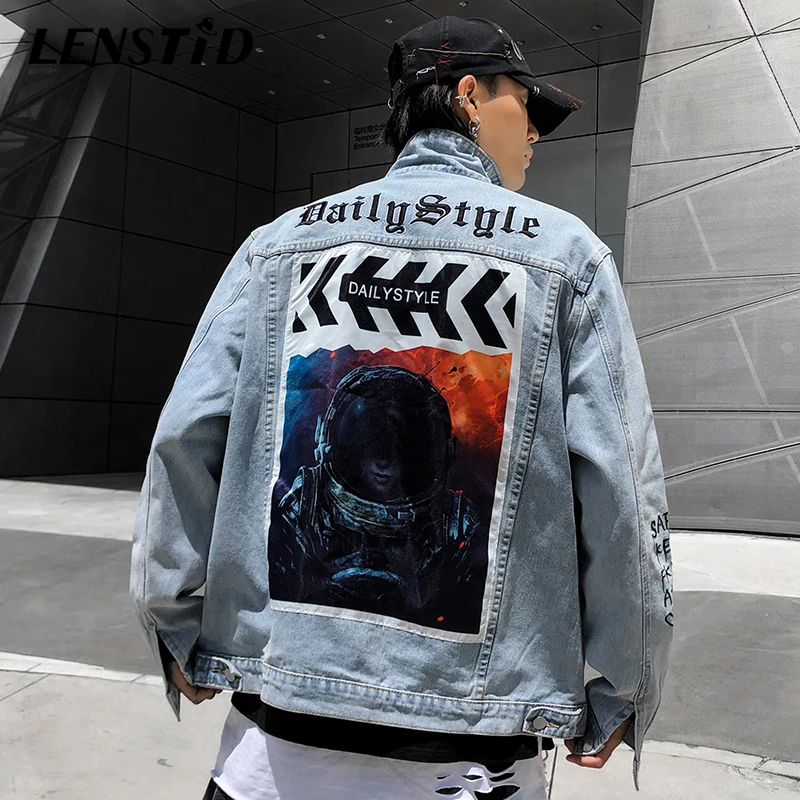 LENSTID Осень Harajuku Хип Хоп буквы вышивка астронавт Печатные джинсовые куртки