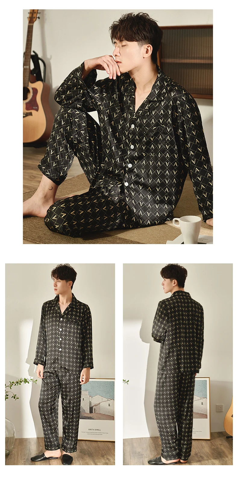 YAO TING Men's Pajamas Spring/Summer Satin Chiffon Long Sleeve Pantsuit Thin Print Home Wear