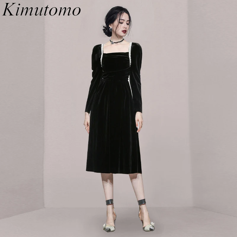 

Kimutomo, корейское женское платье на раннюю осень 2021, новые темпераментные приталенные золотистые бархатные платья с квадратным вырезом и дли...