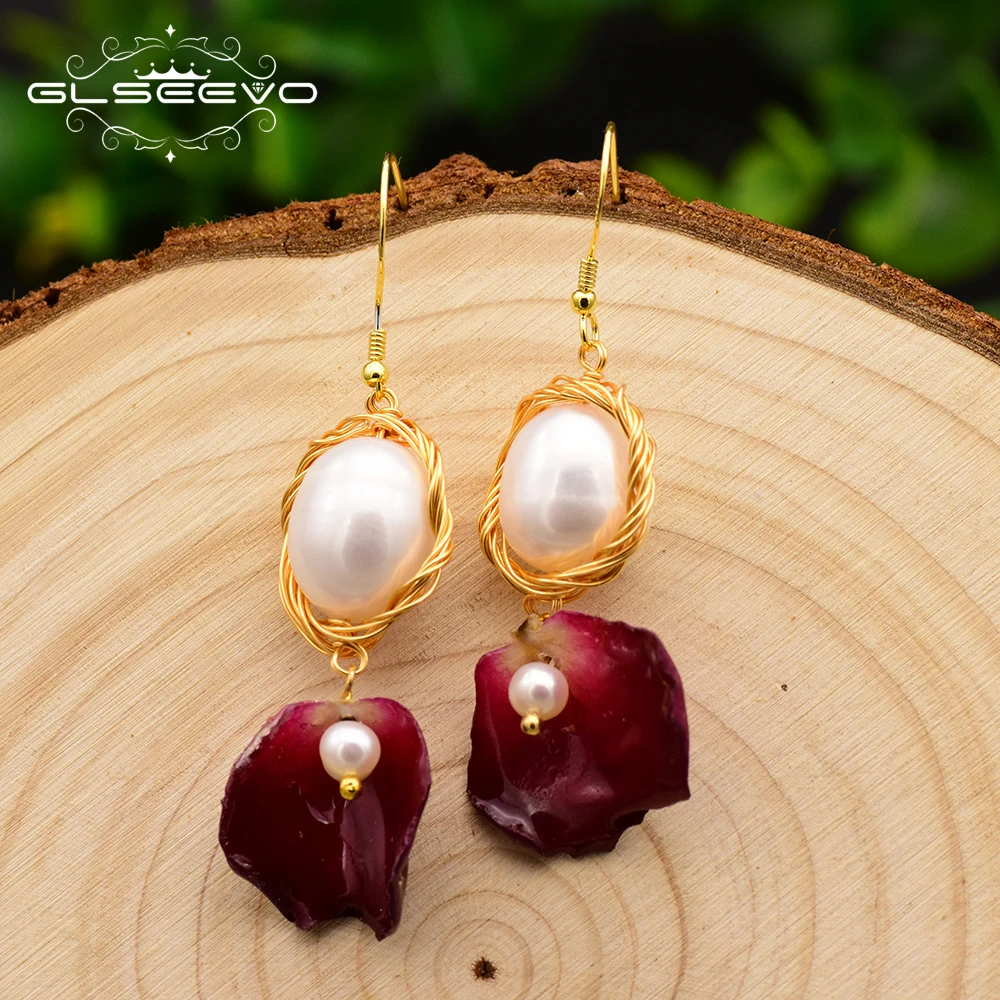 

GLSEEVO Natural Fresh Water Pearl Dangle Earrings For Women Flower Drop Earrings Wedding Gifts Luxury Fashion Jewelry GE0481