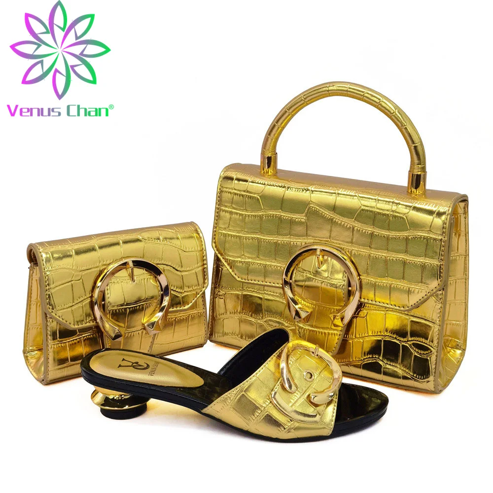 

2021 African Shoes and Bag Set Italian Women Golden Color Fashionable Nigerian Shoes with Matching Bags for Royal Wedding Party