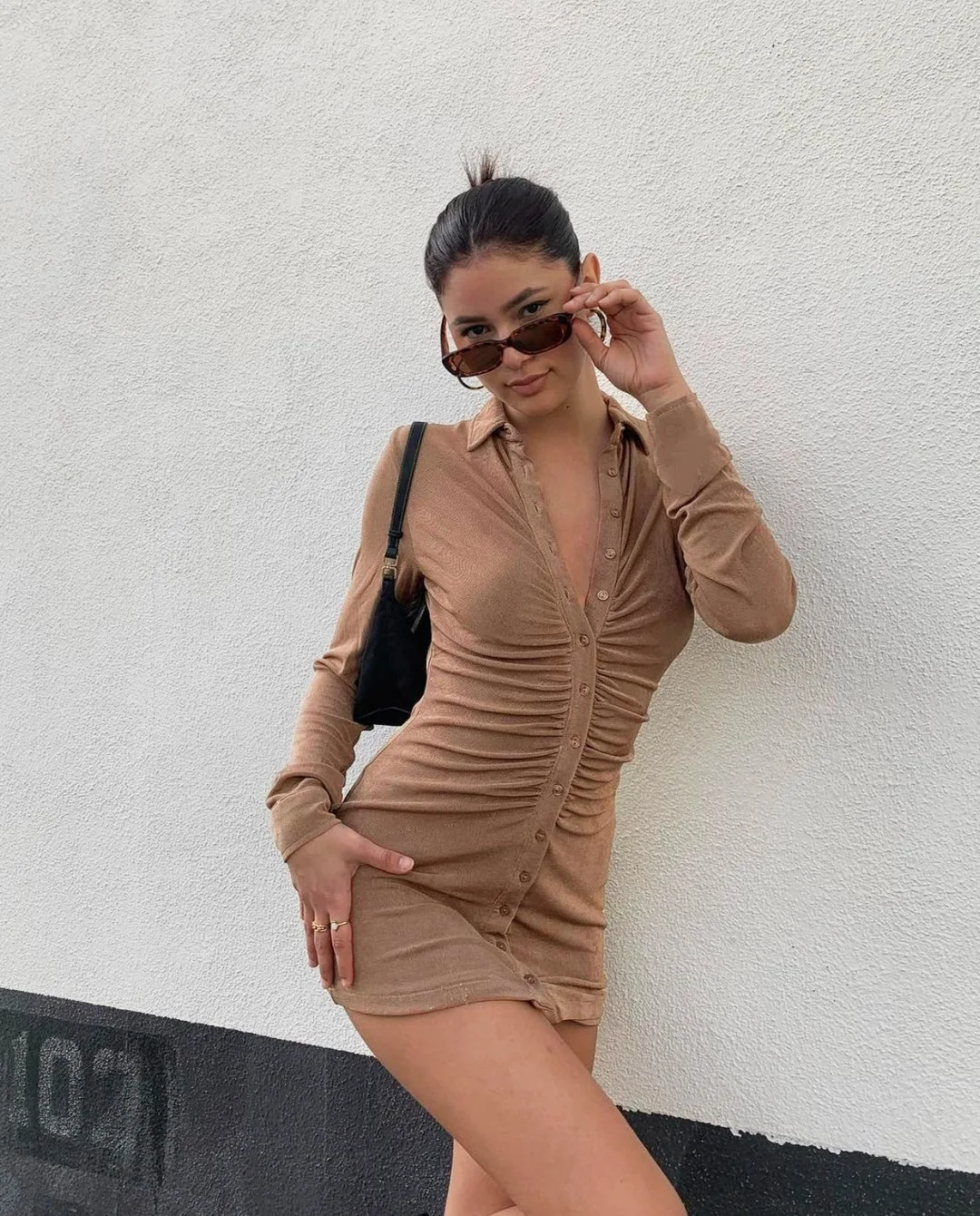 

Mandylandy Lady Elegant Long Sleeve Turn Down Collar High Waist Single Breasted Ruched Dress Women Sexy Skinny Pencil Dress