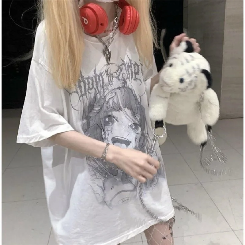 

Japanese summer cartoon dark casual gothic tees hip-hop letter print Ulzzang short-sleeved casual Vintage tops Harajuku T-shirt