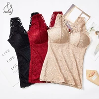 maidy big size women lace thermal underwear vest cotton with chest pad winter warm thickened plush tank deep v neck sleeveless