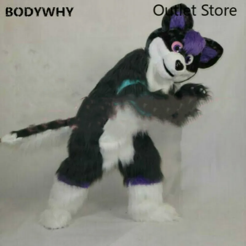 Черный меховой костюм с длинным мехом хаски лиса собака талисман вечерние