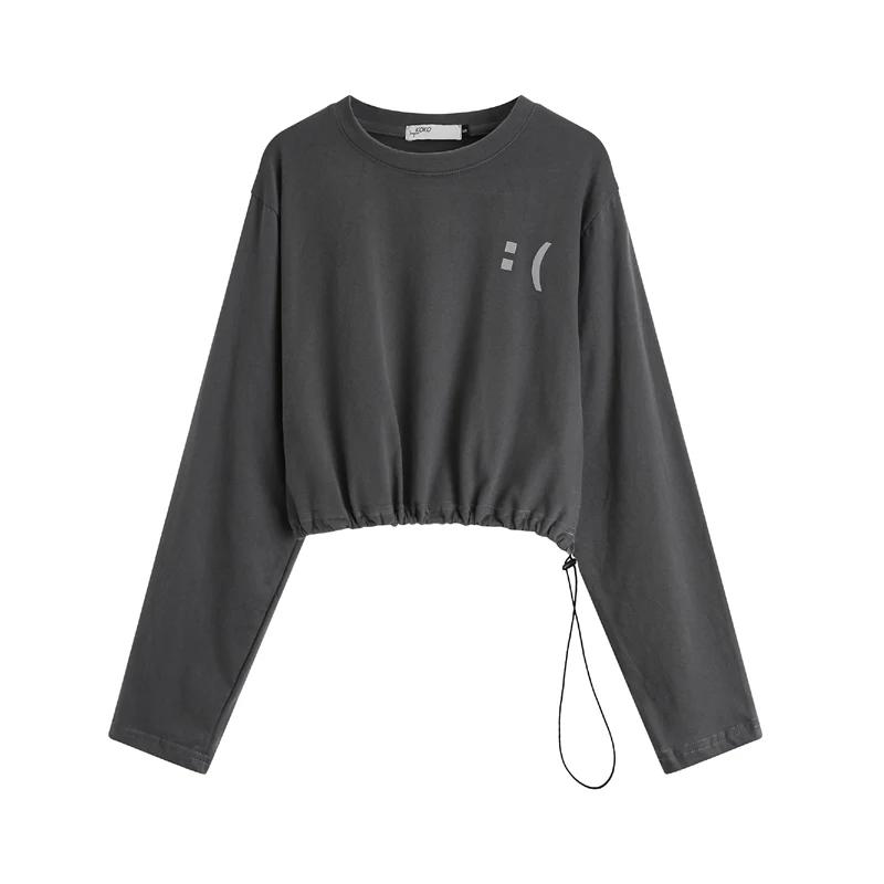 

Hip Hop Fashion Sexy Short T-Shirts Women Long Sleeve Round Neck Bare Midriff Letters Printed Loose Casual Tops Tee Club Wear