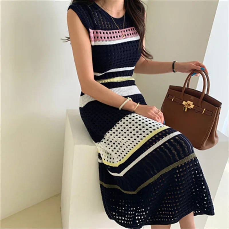 

Runway Elegant Knitting Sweater Tank Dresses Women's Sleeveless Hollow Out Stretch Vintage Striped dresses Female Midi Vestidos