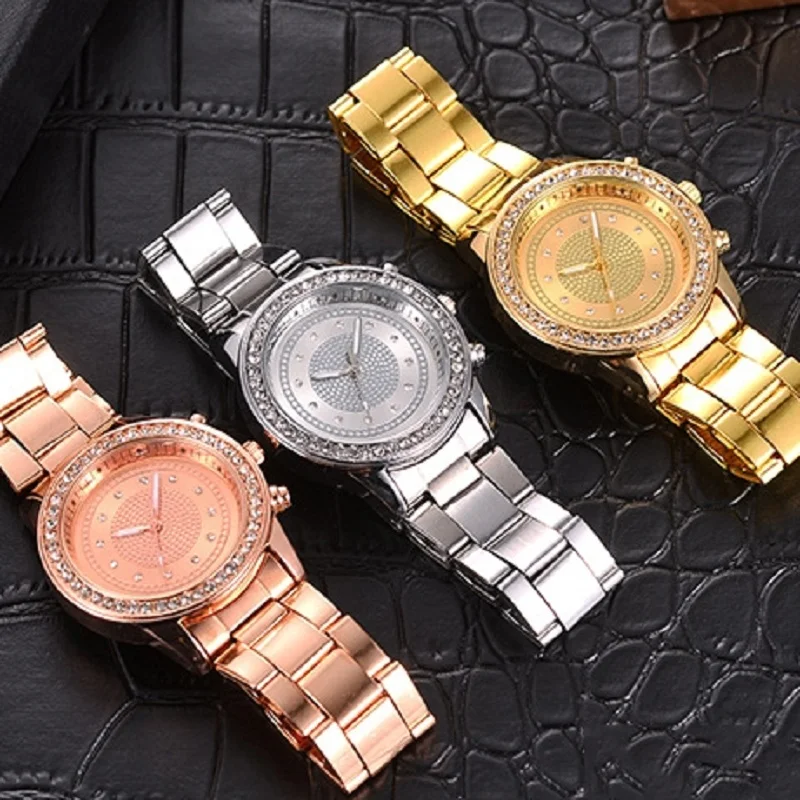 Модные женские часы Geneva кварцевые reloj mujer из нержавеющей стали розового золота