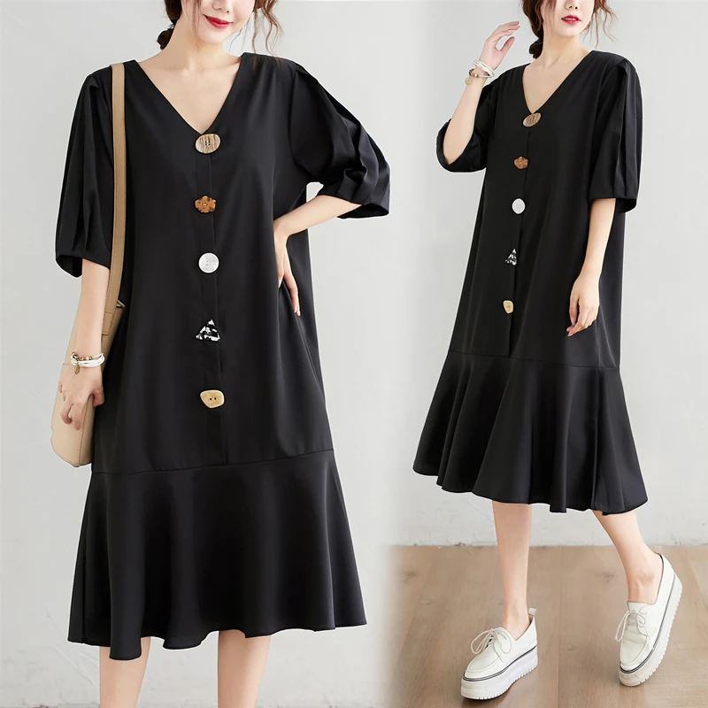 

Summer Casual Loose Woman Dress Korean V Neck Ruffle Button Decorative Fashion Elegant Party Dress Vestidos robe femme