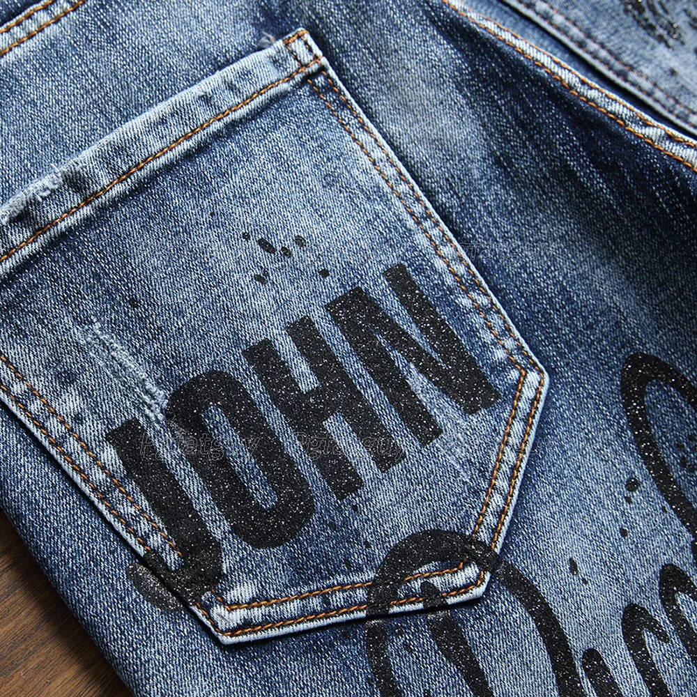 

Autumn 2021 Men's Print Jeans Jean Homme Pantalones Hombre Fashion Stretch Blue Denim Trousers Casual Slim Mens Straight Pants