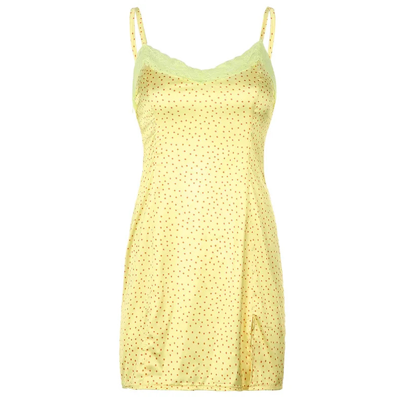 

Kawaii Y2K Woman Dress Lace Edge Dot Print Women Split Short Dresses Summer Beachwear Sleeveless Sexy Mini Dress Harajuku 2021