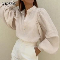 vintage lantern sleeve blouses women 2021 autumn solid color stand collar long sleeve lady office shirts cotton beige top casual