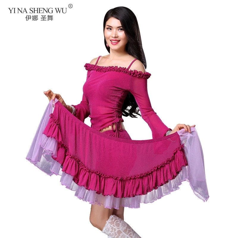 

New Belly Dance Costume Exercise Clothes Set Of Mesh Silver Silk Clothing Hip Scarf Competition Top Skirt With Shorts Suit Women