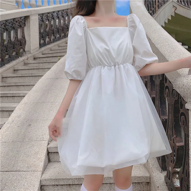 

Harajuku Kawaii Dress Women Summer Short Puff Sleeve White Black Gothic Mini Dresses Vintage Cosplay dress vestidos