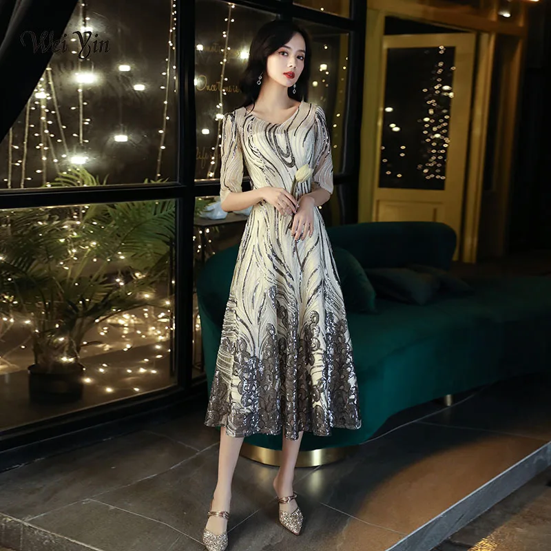 

wei yin AE0455 New Banquet Elegant Tea-length Evening Dress Lace Sequins Half Sleeve Cocktail Party Formal Gown