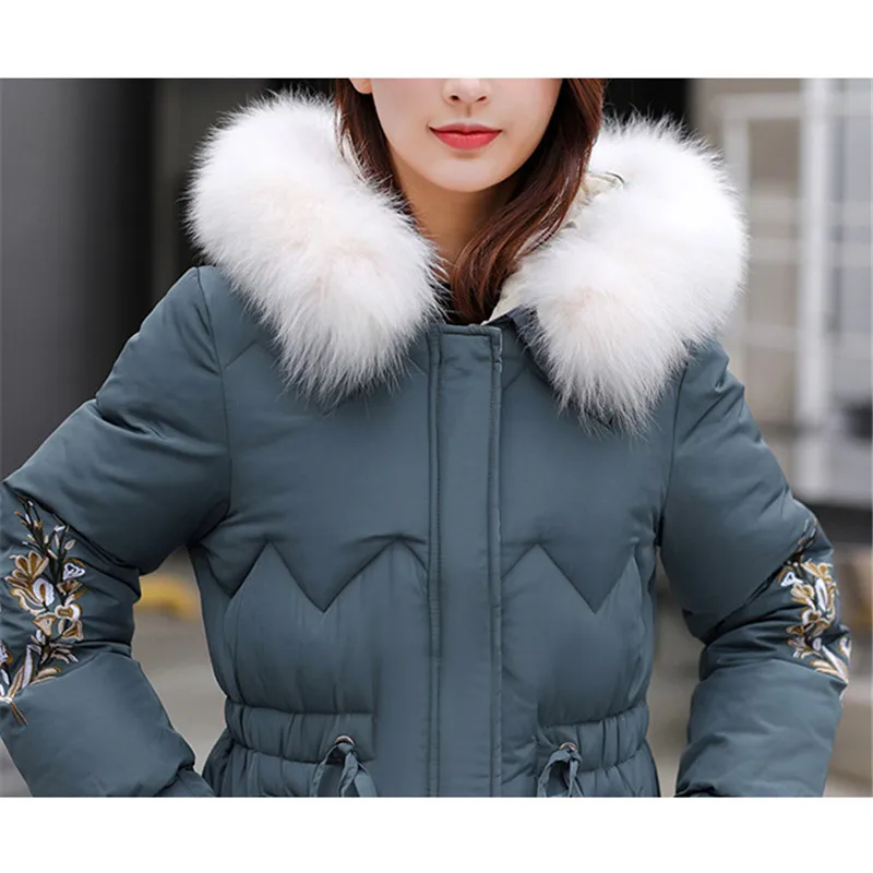 

Winter Coat Women White M-3XL Plus Size Embroidery 20 New Korean Fashion Slim Fur Collar Hooded Warmth Down Cotton Jackets LJ070