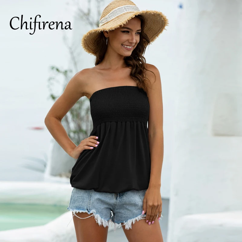 

Chifirena Summer Strapless Women Blouse Solid Slash Neck Casual Top Backless Pullovers Off Shoulder Tunic Shirt Beach Blouses