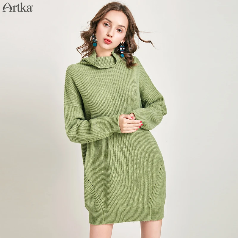 ARTKA 2019 Autumn Winter New Women Wool Sweater Solid Color Turtleneck Sweater Loose Batwing Sleeve Long Sweater Women YB15592Q
