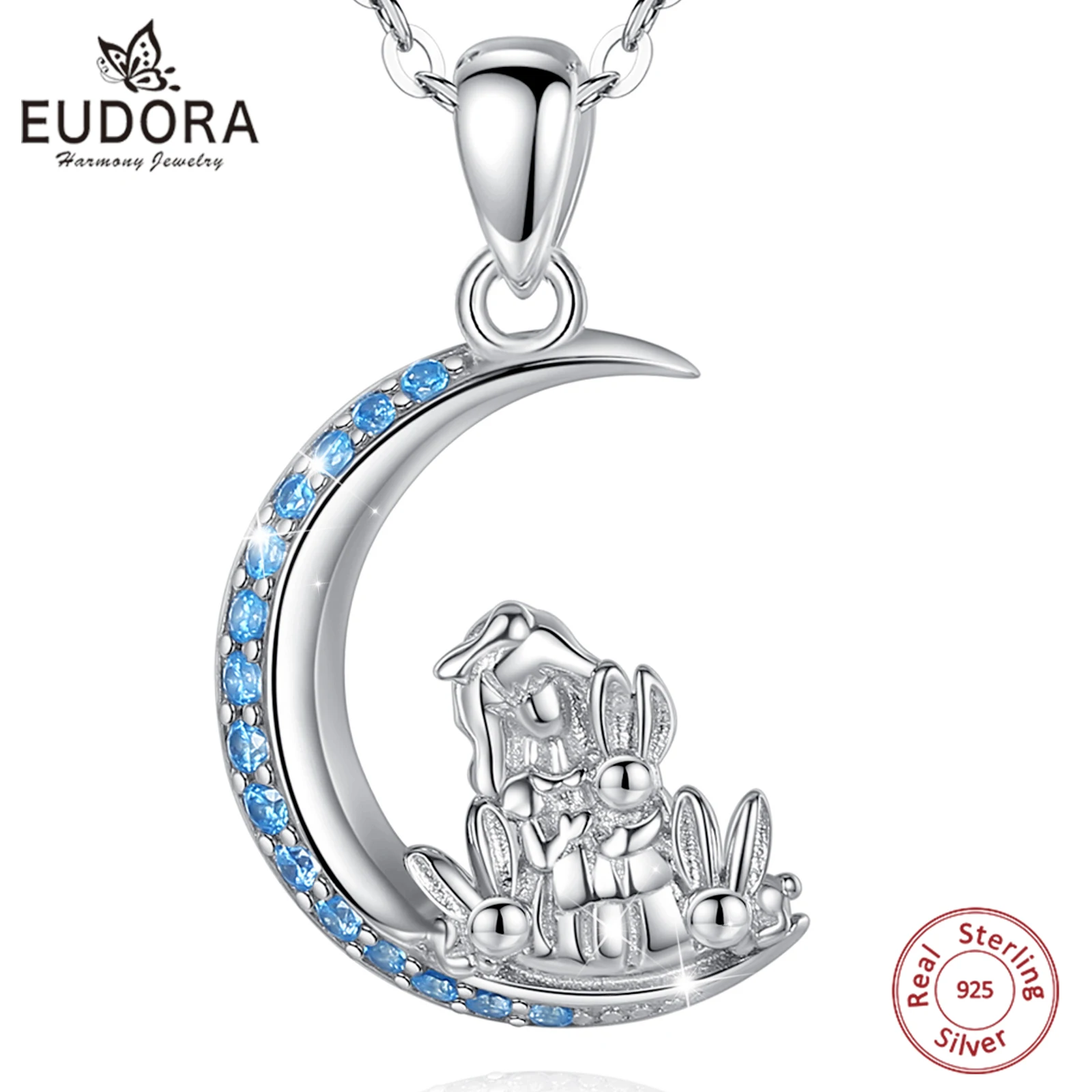 

Eudora Real 925 Sterling Silver Happy Bunny and Girl Neckalce Moon blue CZ Pendant FIna Jewelry Bunny Gift for little Girls