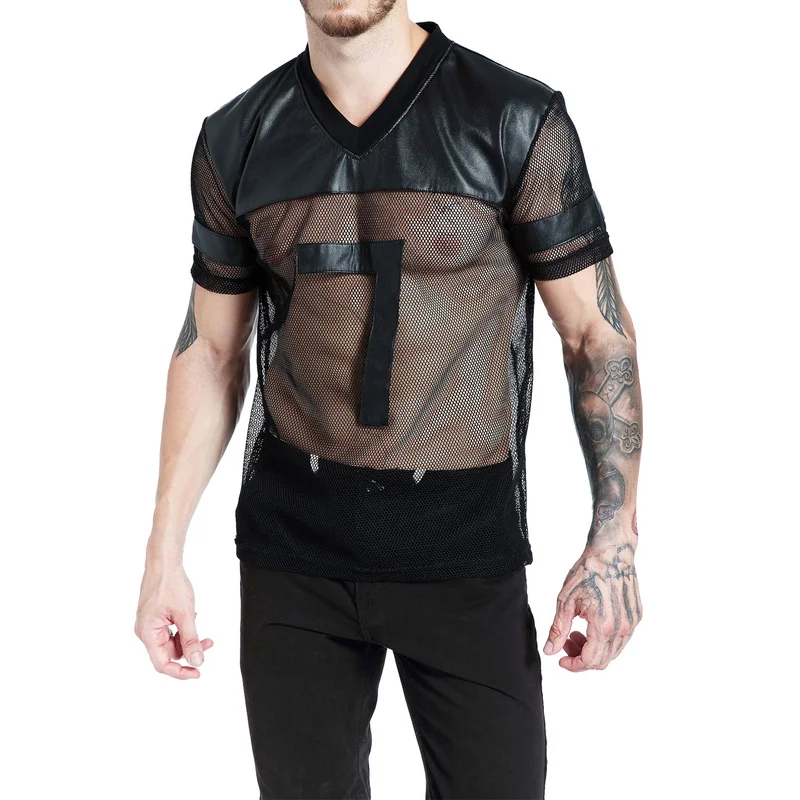 Men Undershirt Sheer Mesh PU Leather Patchwork T-shirts Breathable Gym Sports Jogging Shirts Male Wetlook Erotic Club Wear Tops | Мужская