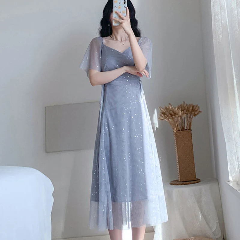 

2021 New Summer Women Dress Fashion Slim Sequins Gauze Dress Casual Short Sleeve V-Neck Sexy Elegant Office Lady Dresses
