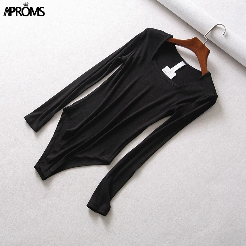 Aproms белый квадрат шеи трикотажные боди Для женщин пикантные Ribbed Long Sleeve Slim Fit боди уличная комбинезон для Для женщин топ - Цвет: Черный