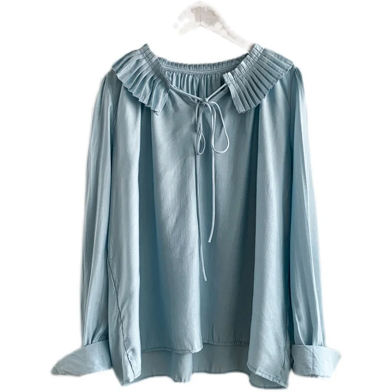 

2021 fashion and comfortable new niche hedging ruffled V-neck solid color shirt lashing rope long-sleeved shirt women JXMYY