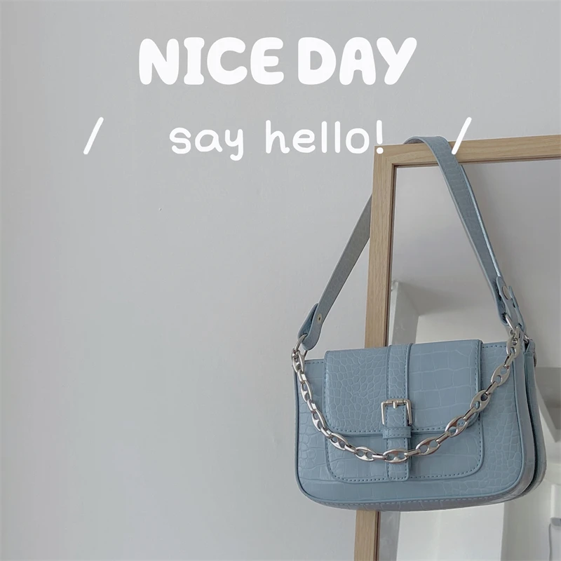 

2021 new crocodile pattern wild underarm handbag ins chain French niche high-end diagonal baguette