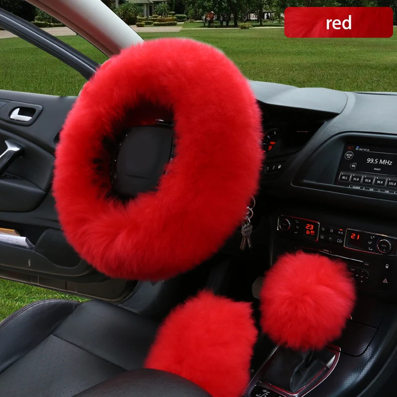Red 3 шт. автомобиль из искусственной шерсти руль Зимний теплый плюшевый чехол крышка авто руль чехлы протектор Декор Аксессуары - Название цвета: Red
