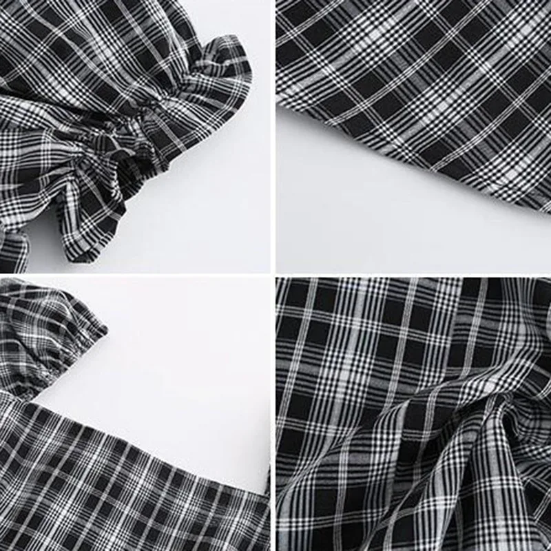 

Puff Sleeve Square Collar Plaid Dress Female Summer Short Skirt High Waist Slim Skirt Slim Sexy Party Club Mini Dress