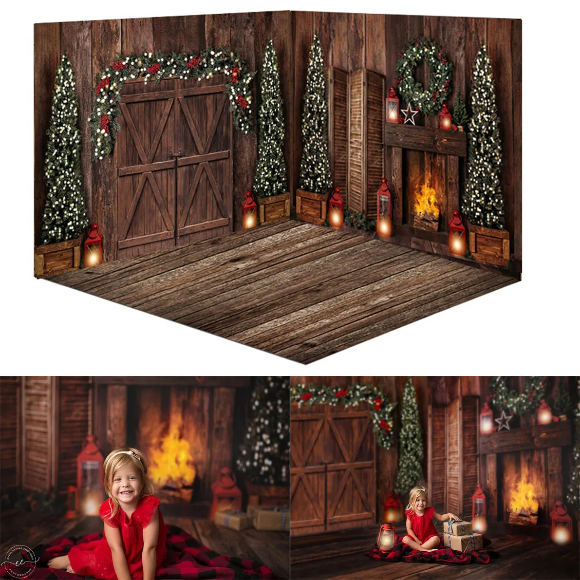 Рождественские комнаты Зимний снег фото фон Зеленая Деревянная Дверь дом